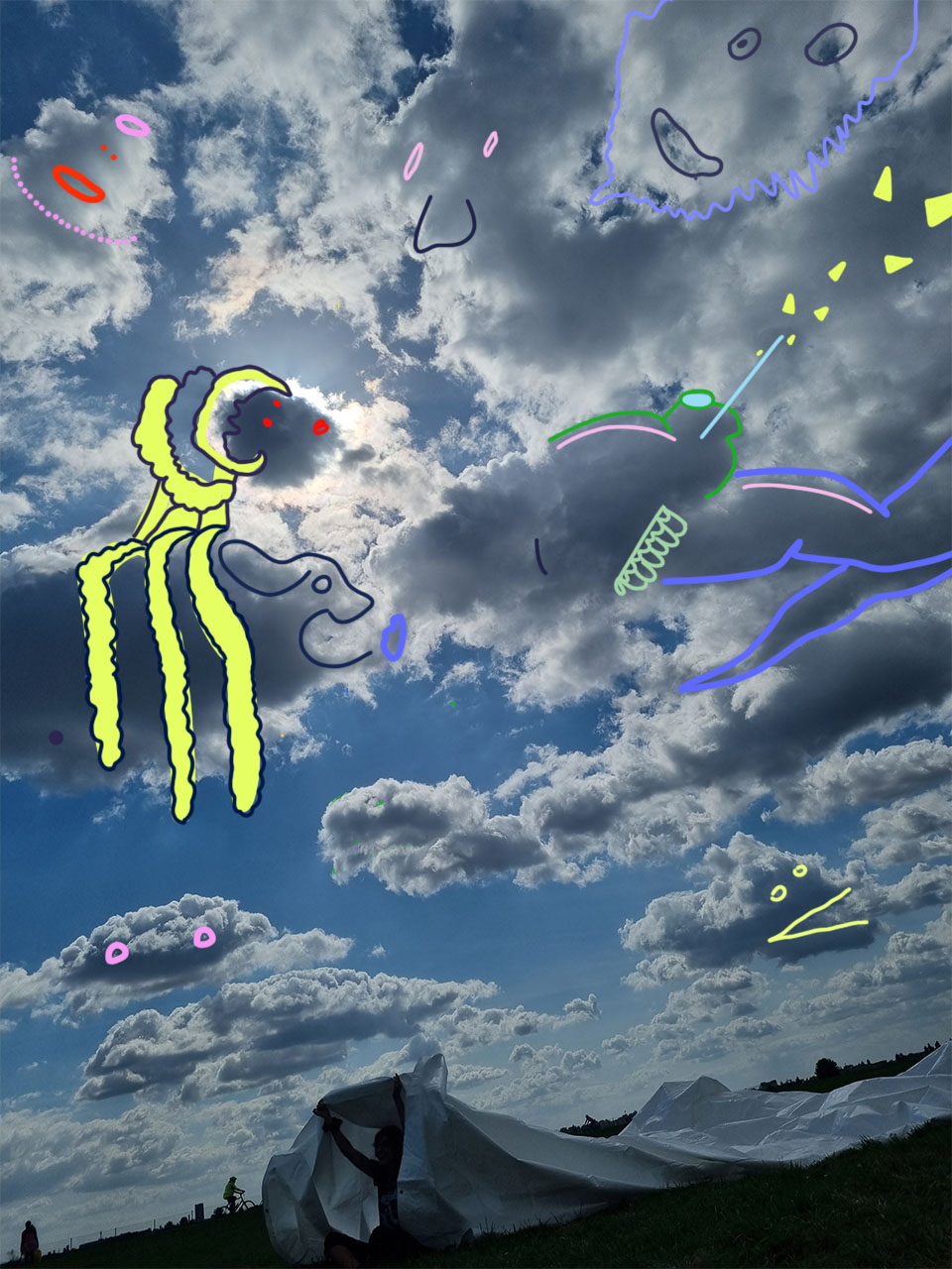 Sky Monsters drawing over clouds and sky, image 8